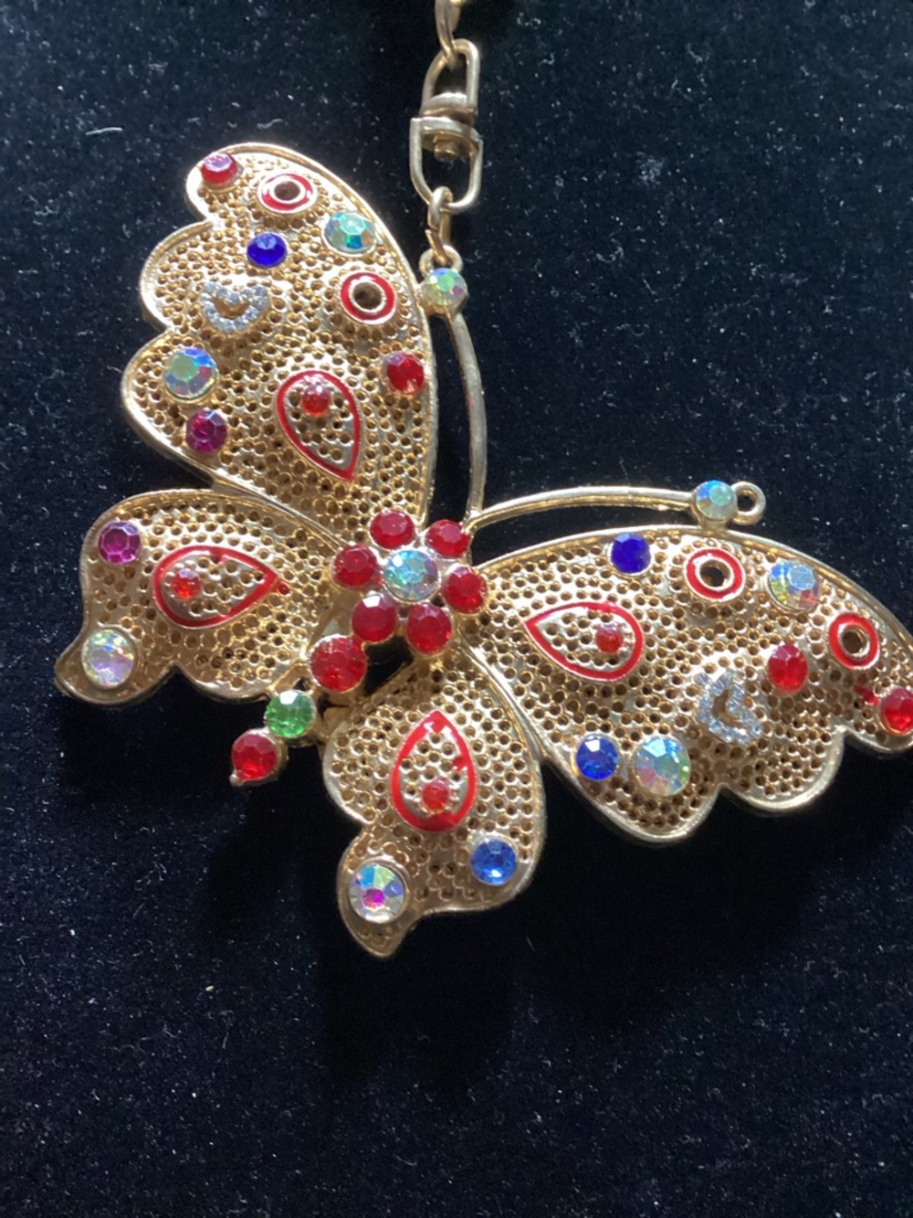 Source Unknown Gold Butterfly Necklace with Red Blue Green Accents